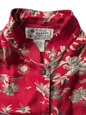 Vintage avanti red silk hawaiian button down shirt mandarin collar XL polynesian